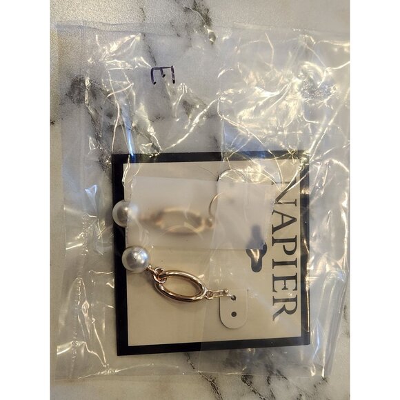 Napier Gold-Tone Oval Drop Earrings With Faux Pearl Accent - Picture 2 of 5